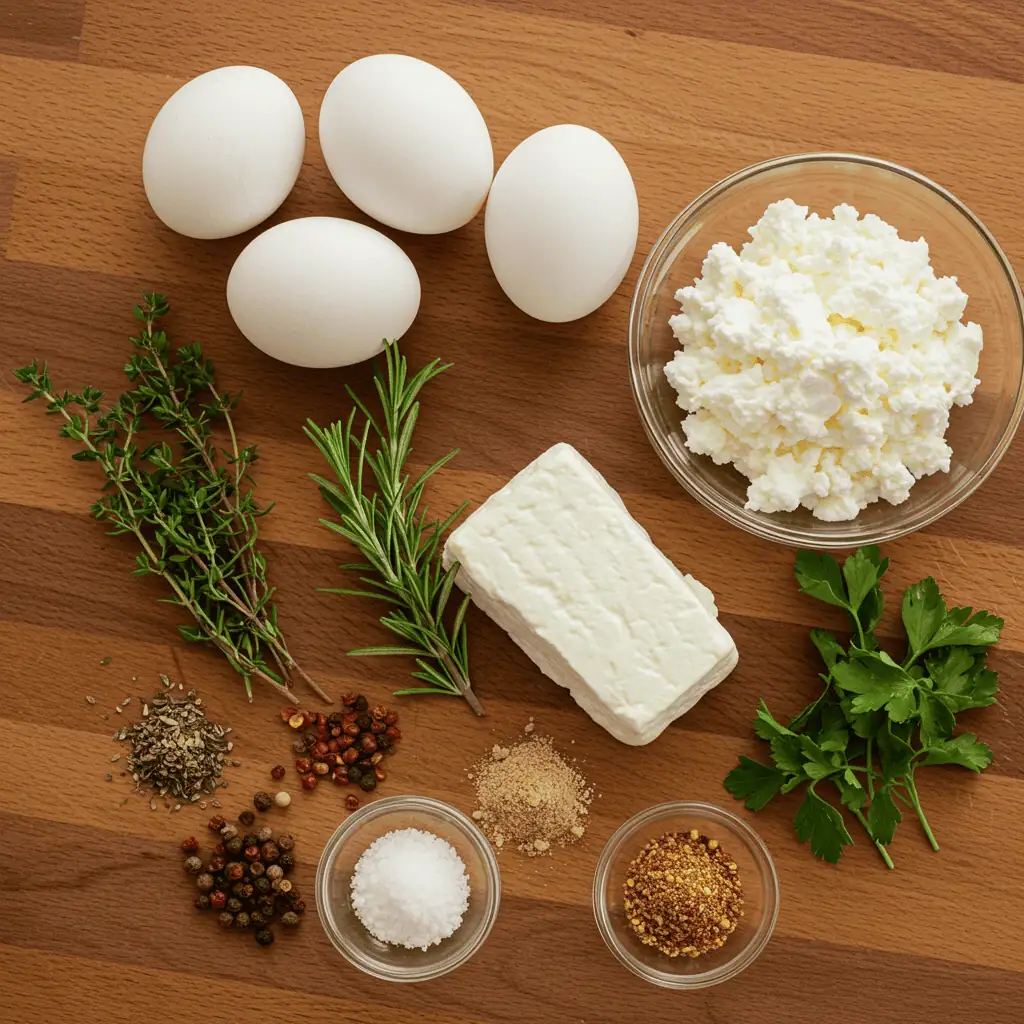 ingredients for baked cottage cheese eggs on wooden counter