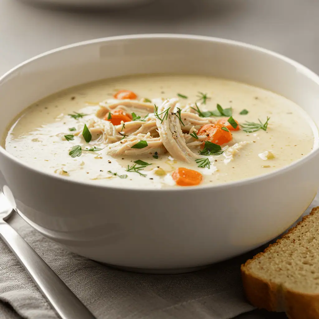 Keto Creamy Chicken Soup Recipes 3 Served bowl of keto creamy chicken soup with low-carb bread