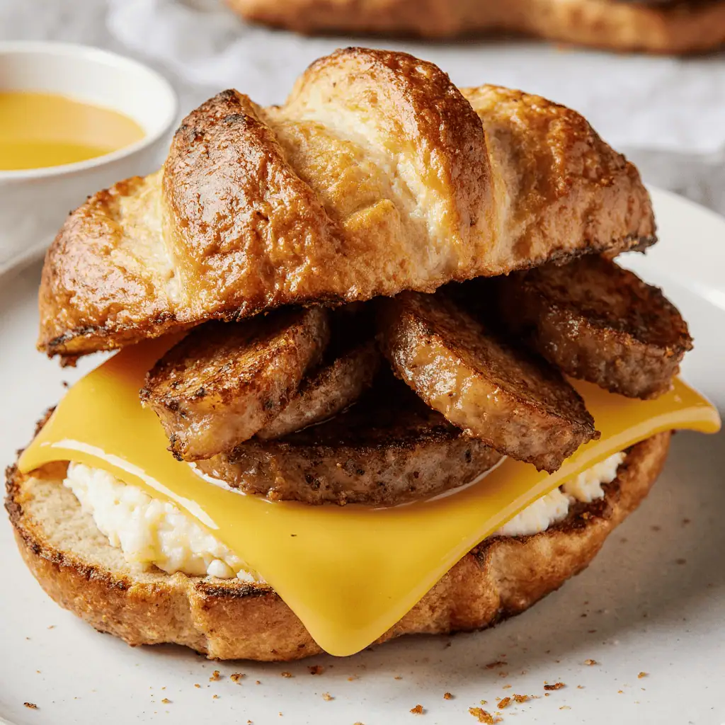 Crispy air fried breakfast sandwich with egg, sausage, and cheese