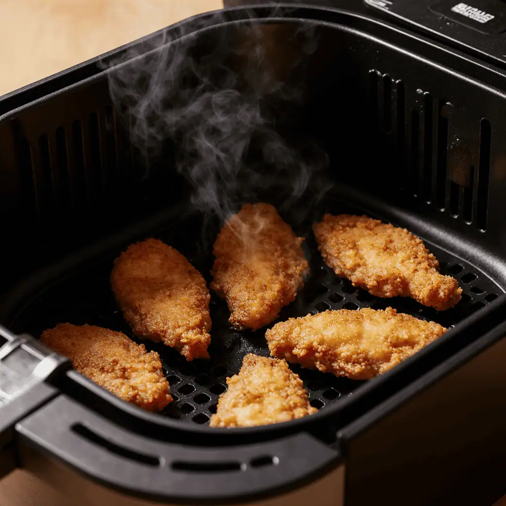 Chicken tenders cooking inside an air fryer basket