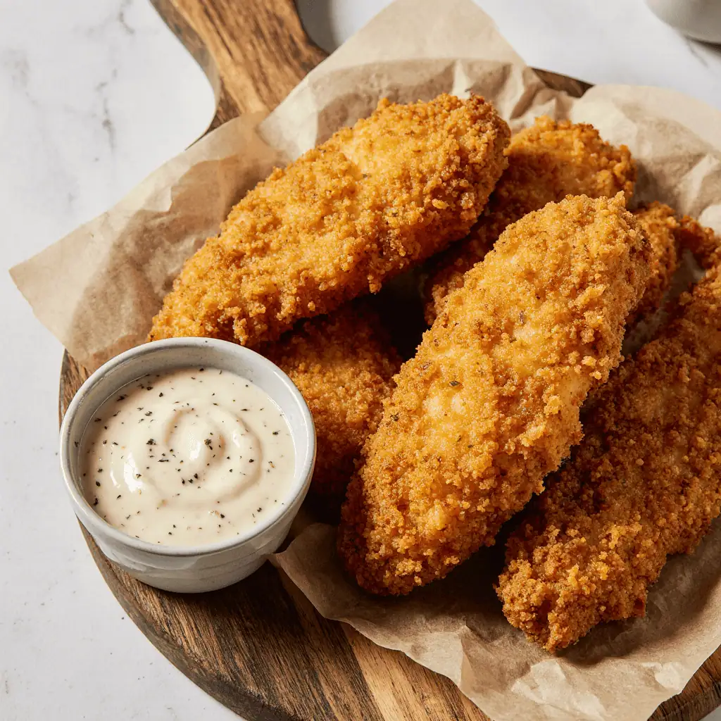 Crispy golden air fryer chicken tenders served with dipping sauce