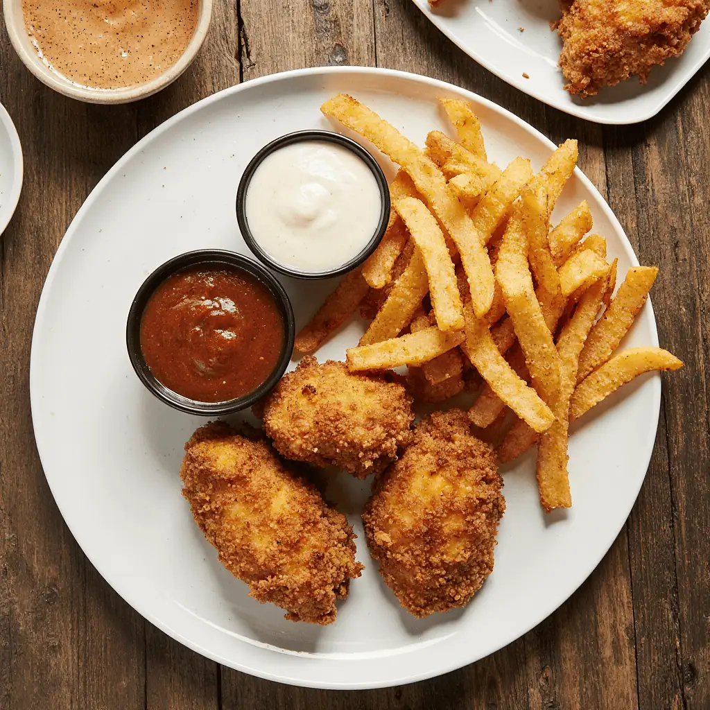 Crispy chicken tenders served with fries and sauces