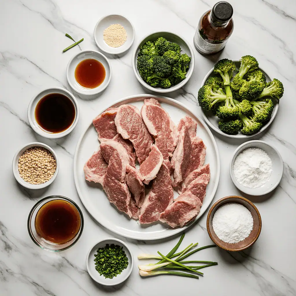 Chinese Beef and Broccoli Recipe 1 Fresh ingredients for chinese beef and broccoli recipe including sliced beef, broccoli, and Asian sauces