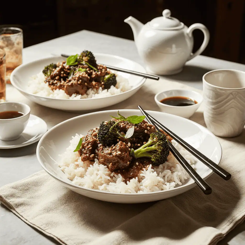 Chinese Beef and Broccoli Recipe 4 Plated Chinese beef and broccoli served over steamed jasmine rice with chopsticks