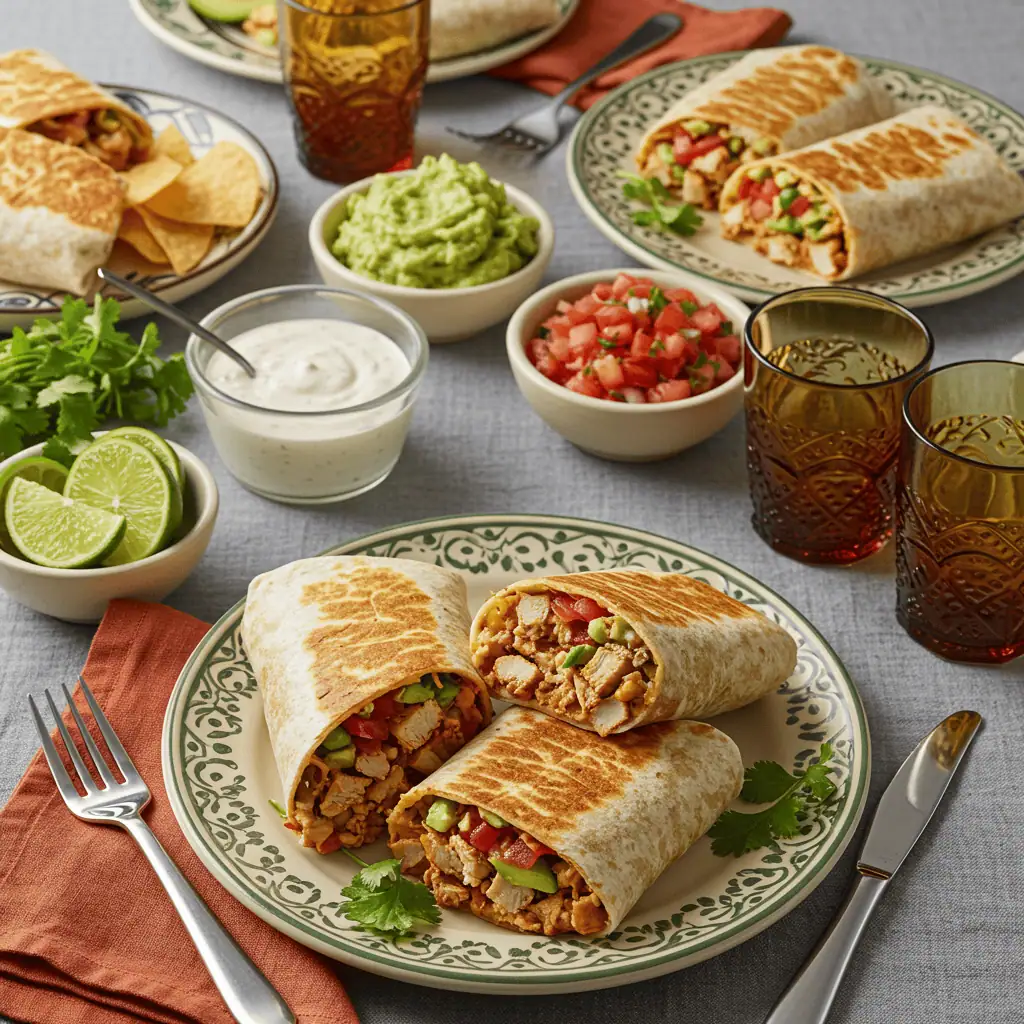 Plated chipotle ranch grilled chicken burritos served for family dinner with sides and lime wedges