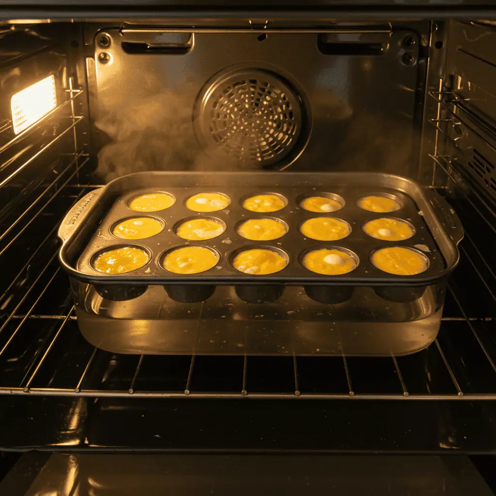 Egg bites baking in water bath method in muffin tin inside oven