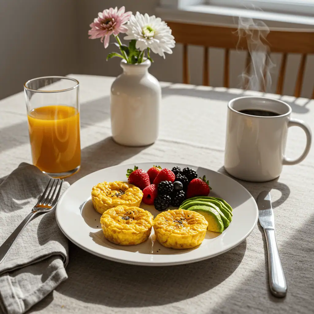 Served homemade egg bites on breakfast table with coffee and fresh fruit