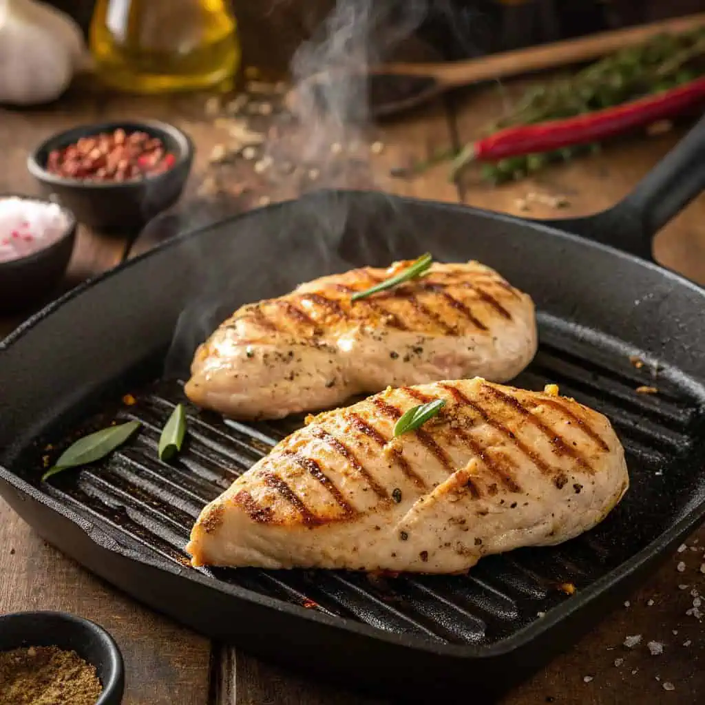 Seasoned chicken breasts grilling on grill pan with beautiful char marks for burrito filling