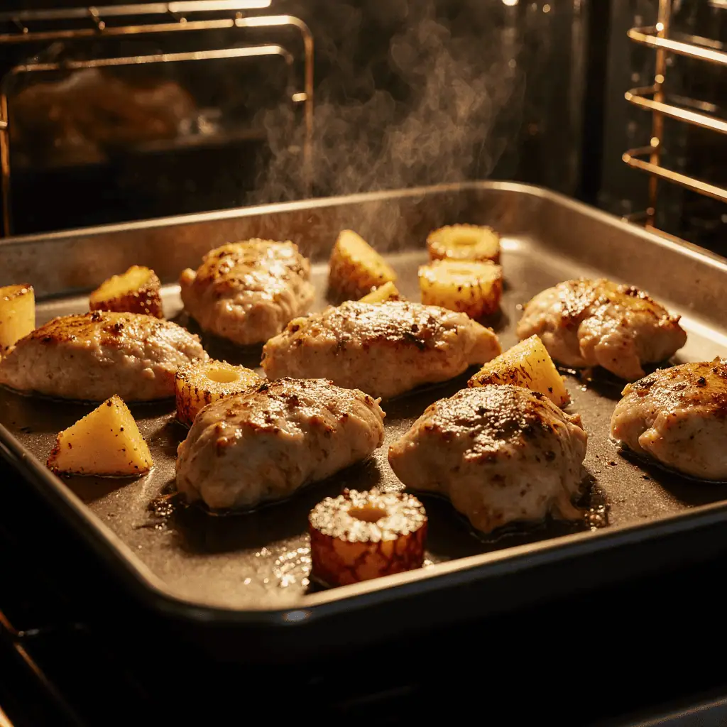 Hawaiian chicken sheet pan in oven showing caramelized pineapple and golden chicken
