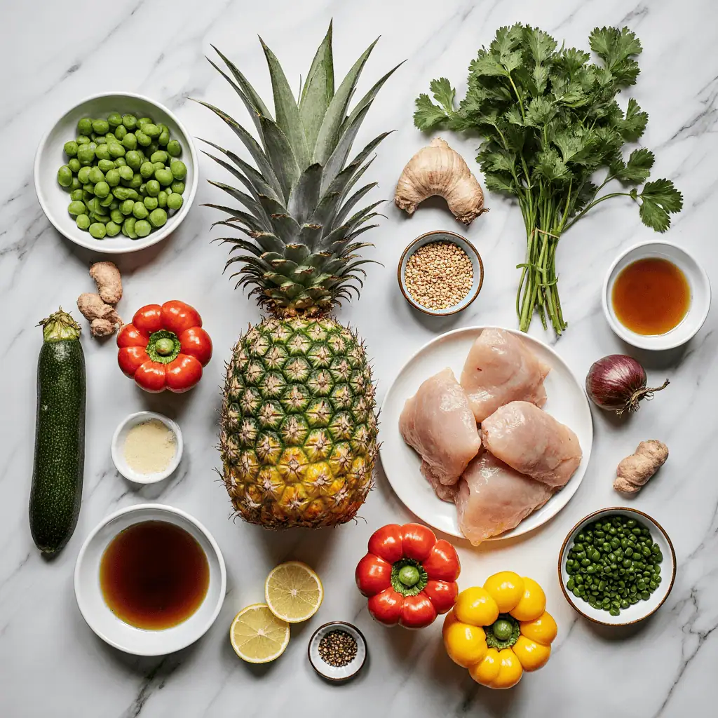 Fresh ingredients for hawaiian chicken sheet pan including pineapple, chicken, and colorful vegetables