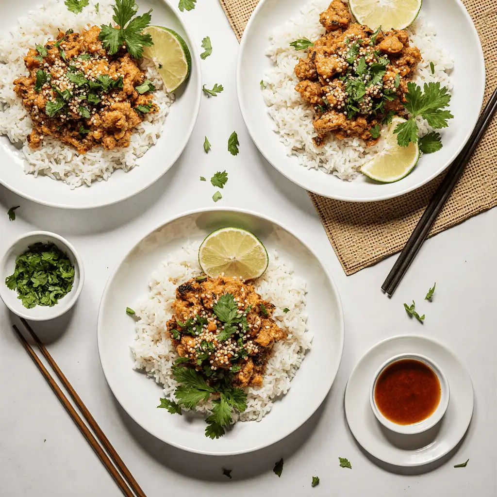 Plated hawaiian chicken sheet pan served over jasmine rice with tropical garnishes