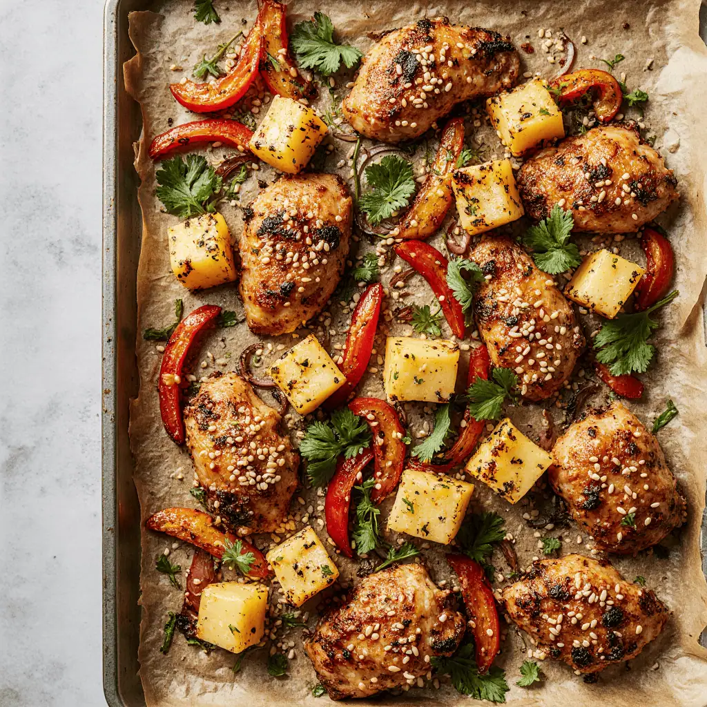 Colorful hawaiian chicken sheet pan with caramelized pineapple and bell peppers on parchment paper