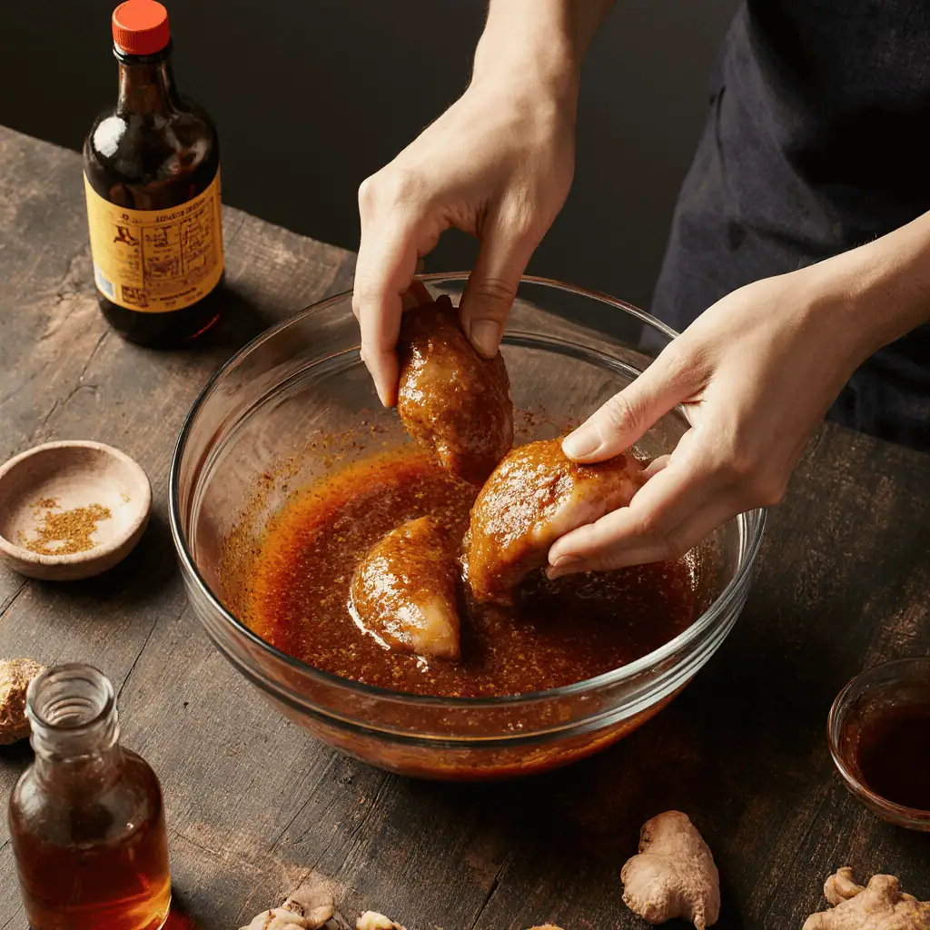 Chicken pieces marinating in hawaiian sauce with soy sauce, honey and ginger