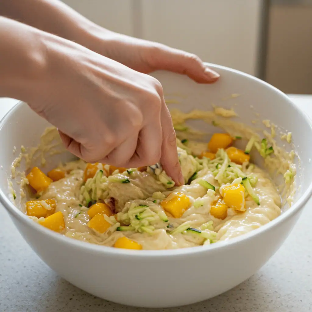 Discover Your New Baking Obsession: Effortless Peach Zucchini Bread 10 Mixing batter for peach zucchini bread