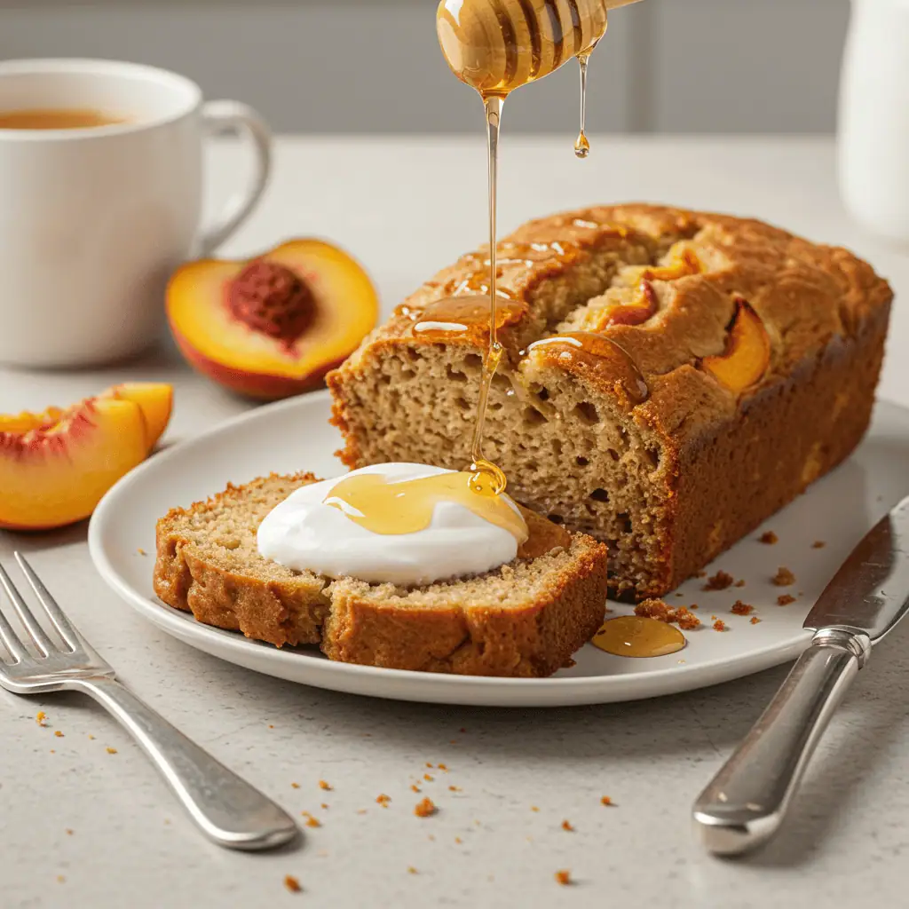 Discover Your New Baking Obsession: Effortless Peach Zucchini Bread 11 Sliced easy peach zucchini bread served with yogurt