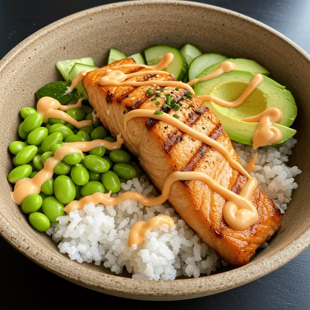 salmon rice bowl recipe with spicy mayo and avocado