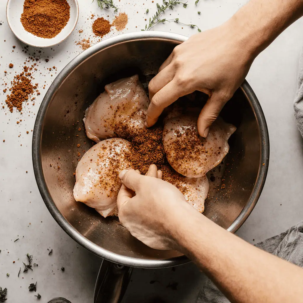 Seasoning raw chicken thighs with spices in mixing bowl for sheet pan recipe