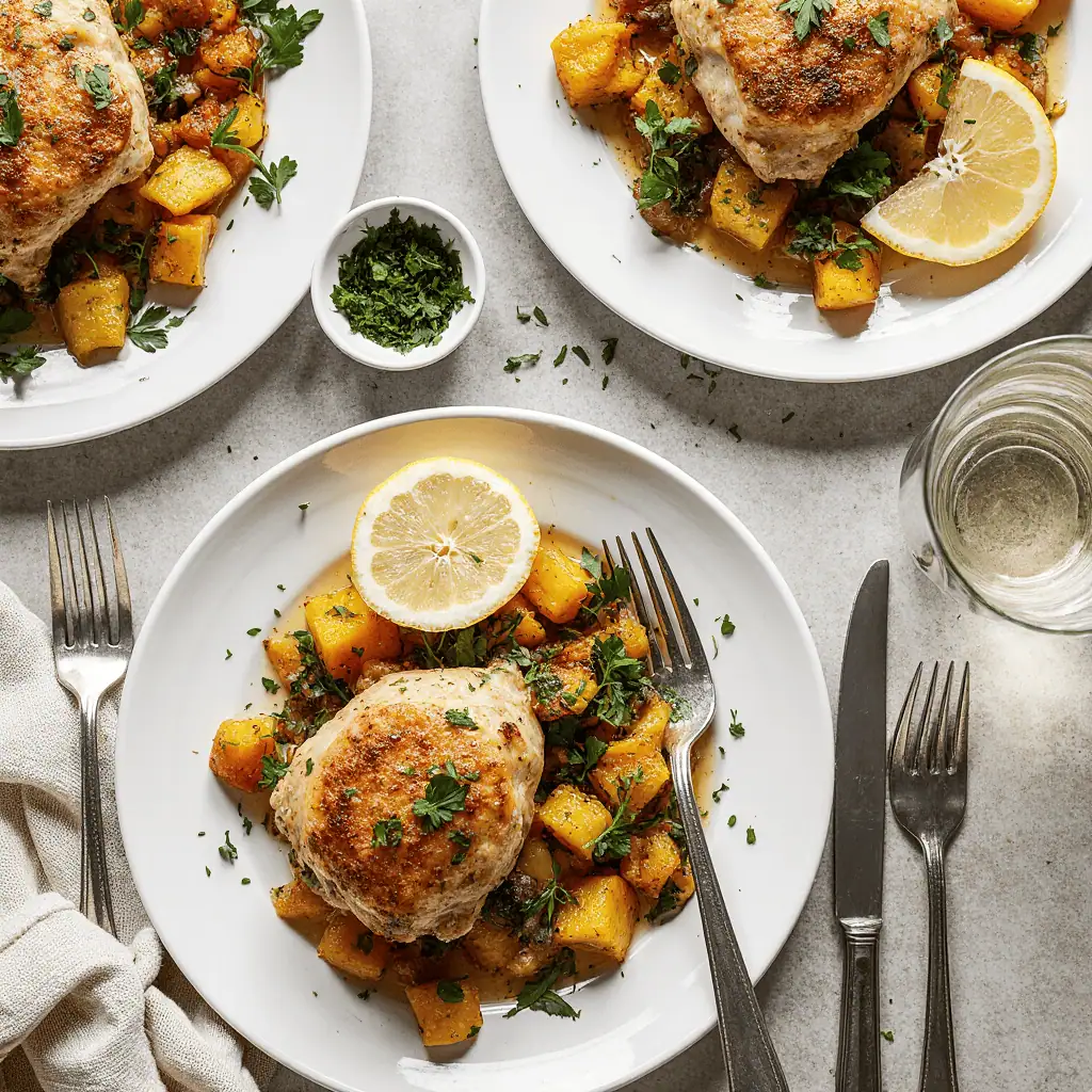Plated sheet pan chicken thighs dinner served with roasted vegetables on family dinner table