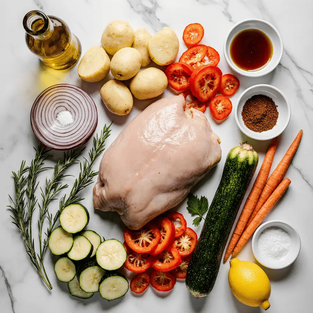 Raw chicken thighs and fresh vegetables arranged for sheet pan dinner recipe