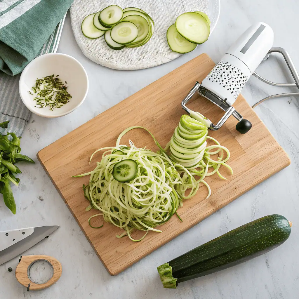 Spiralized zucchini spaghetti using kitchen tools