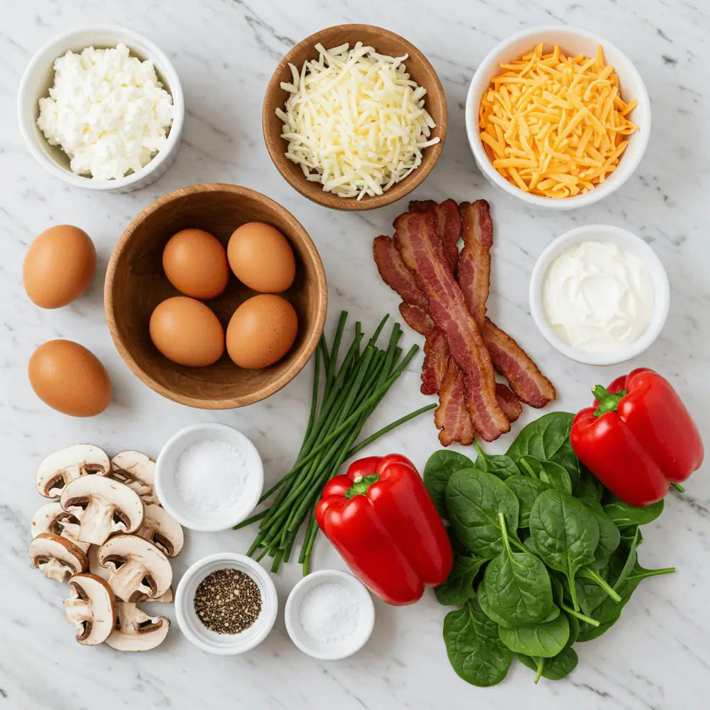 Fresh ingredients for homemade Starbucks egg bites including eggs, cottage cheese, turkey bacon and herbs