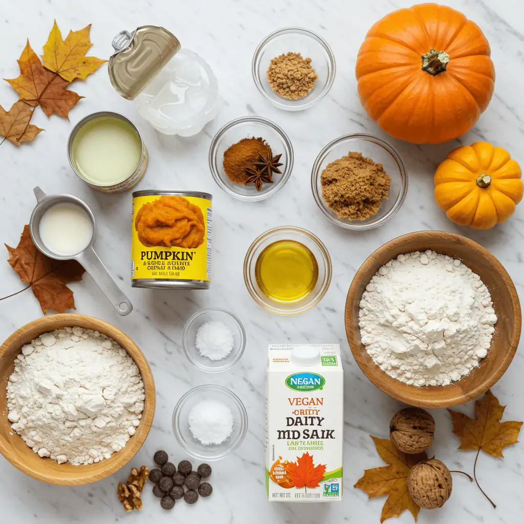Fresh ingredients for vegan pumpkin cookies including pumpkin puree, spices, and plant-based items