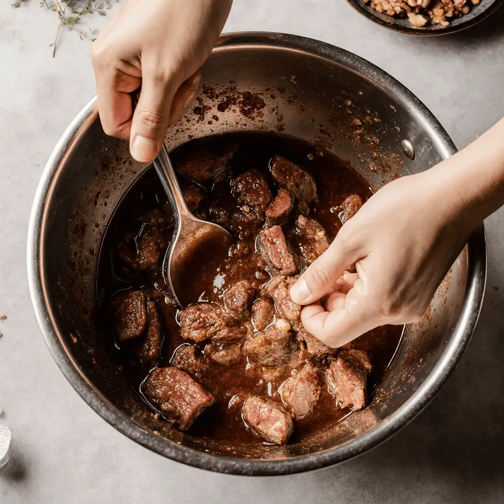 Chinese Beef and Broccoli Recipe 2 Marinating sliced beef in cornstarch mixture for Chinese beef and broccoli recipe