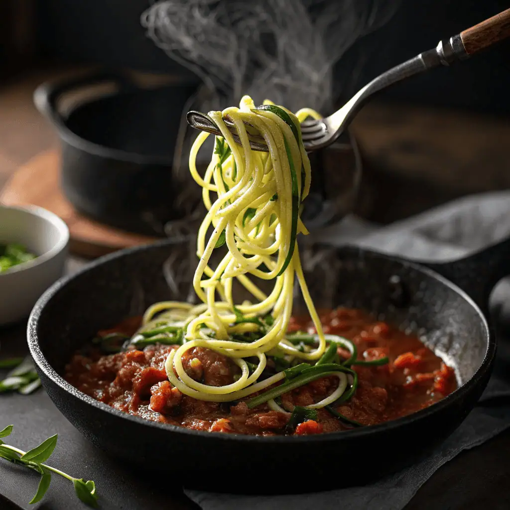 Zucchini noodles cooking in marinara sauce