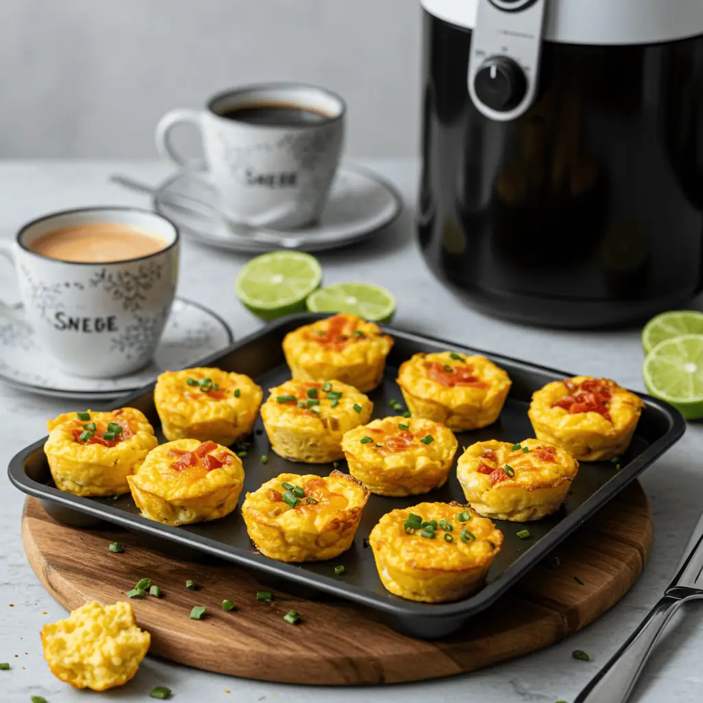 Finished air fryer egg bites in various flavors ready for breakfast