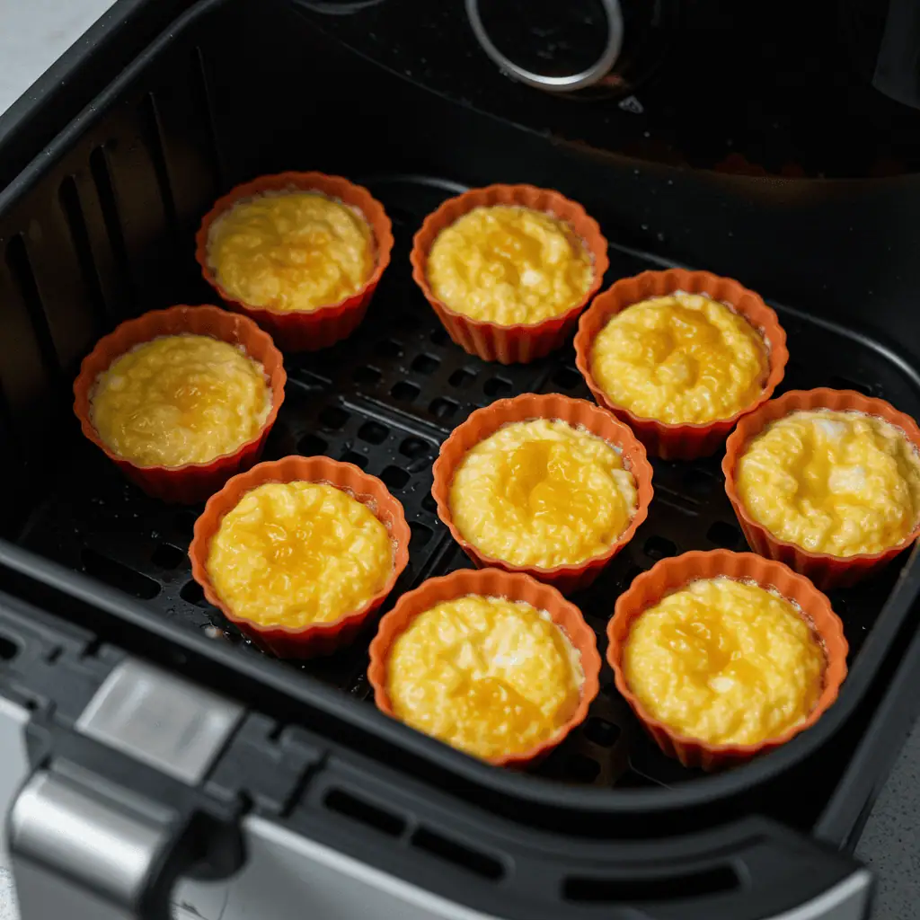 Air fryer egg bites cooking process showing golden browning in basket