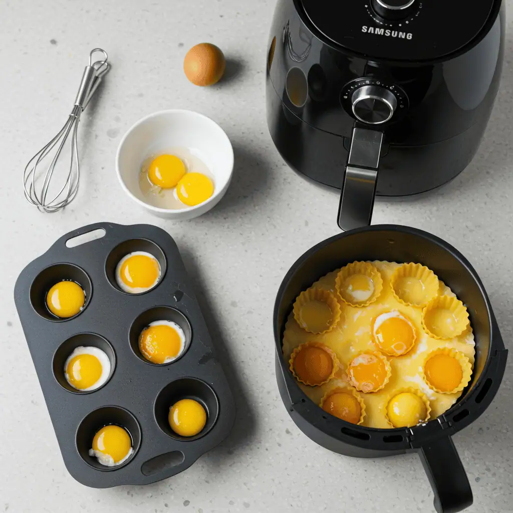 Essential equipment for making air fryer egg bites including silicone molds