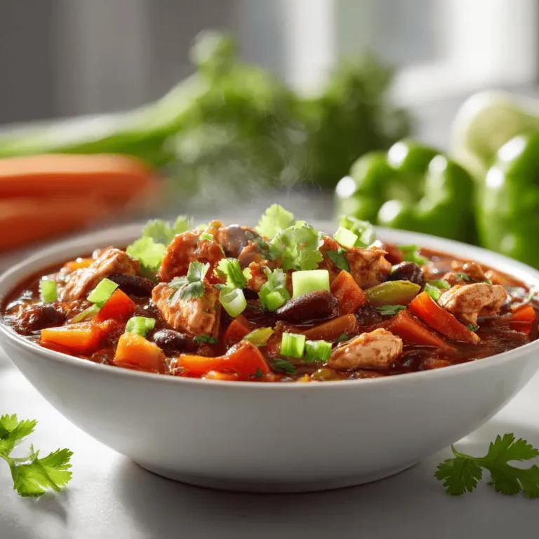 Low-sodium chicken chili in white bowl with steam rising, showing lean chicken, vegetables, and beans with heart-healthy presentation