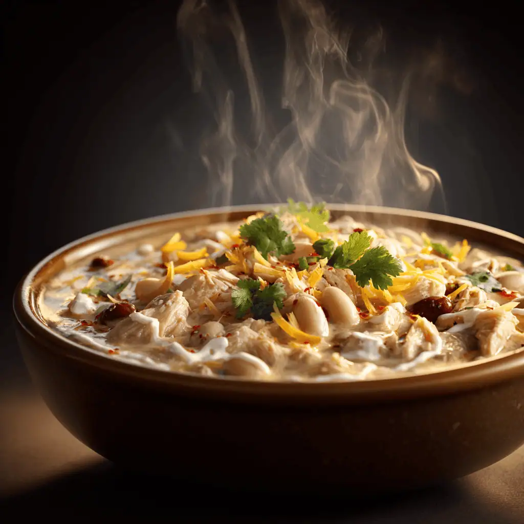 Award winning white chicken chili in presentation bowl with steam rising, garnished with premium toppings and trophy in background