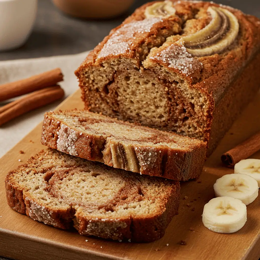 Banana bread with cinnamon swirl recipe showing perfect ribbons and golden crust