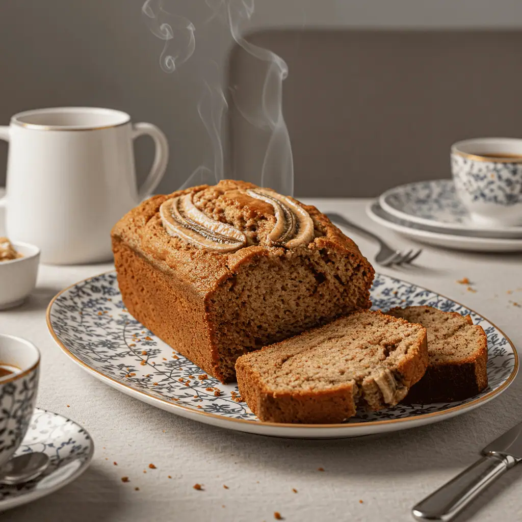 Finished banana bread with cinnamon swirl ready to serve