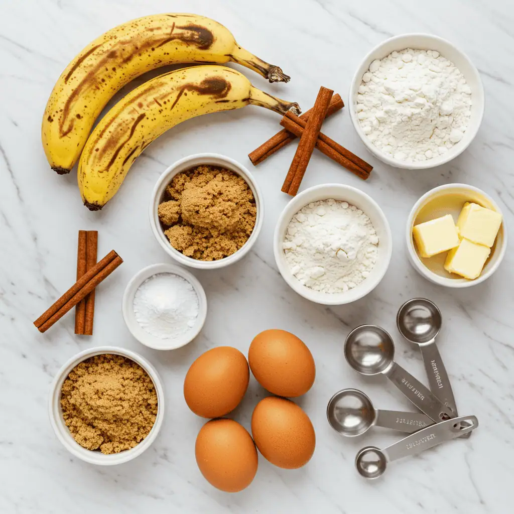 Essential ingredients for making banana bread with cinnamon swirl