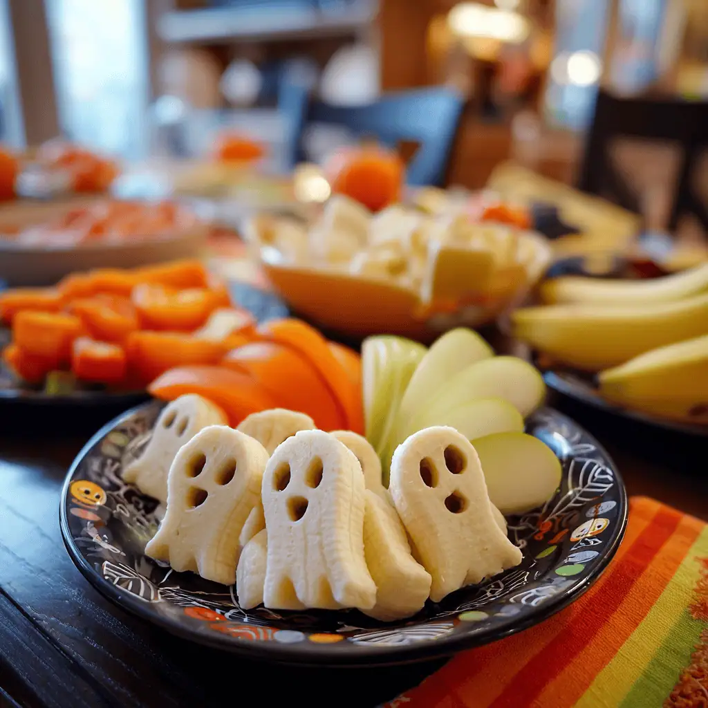 Healthy Halloween snack table featuring banana ghosts with other nutritious Halloween-themed treats