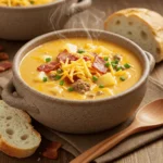 A steaming bowl of cheesy hamburger potato soup with melted cheese, ground beef chunks, and diced potatoes garnished with bacon bits and fresh chives