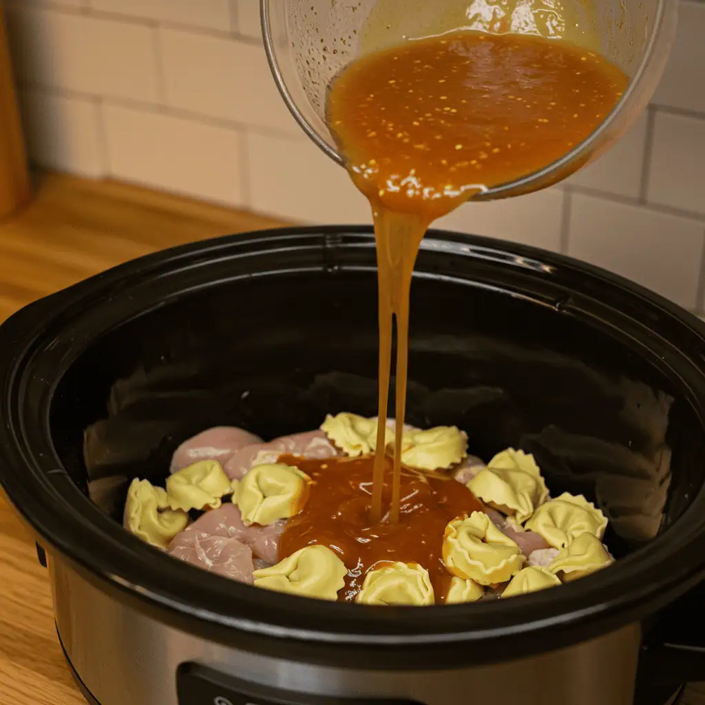: Step-by-step cooking process for chicken tortellini crockpot meal