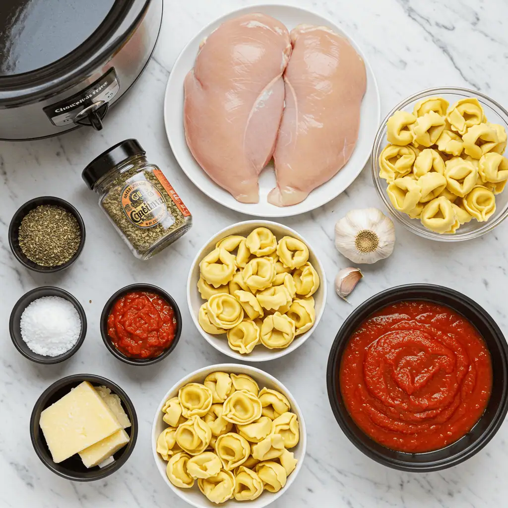 Essential ingredients for making chicken tortellini crockpot meal