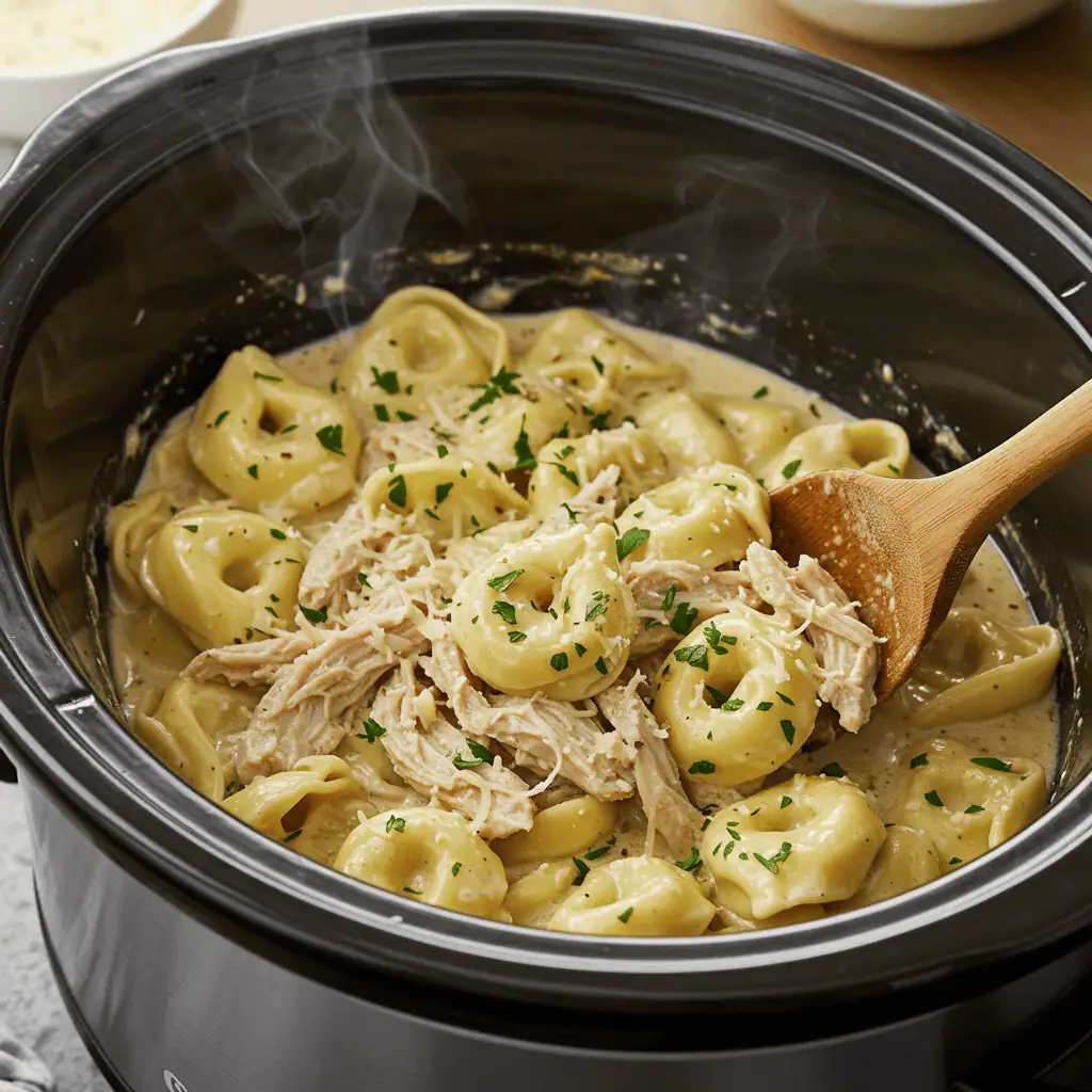 Chicken tortellini crockpot meal in slow cooker with tender chicken and pasta