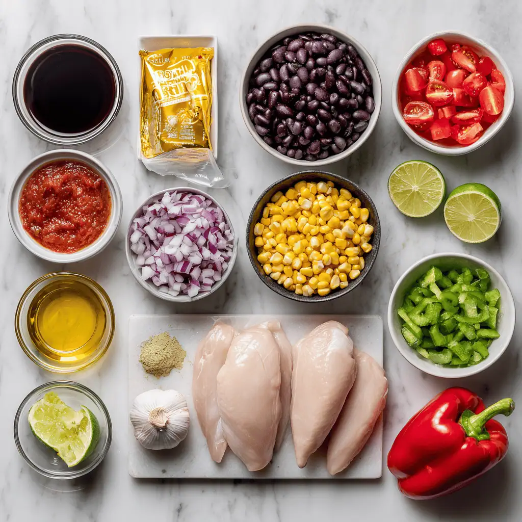  Ingredients for classic chicken taco soup with black beans arranged on marble surface including chicken, beans, and vegetables