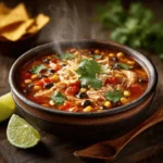 Classic chicken taco soup with black beans in ceramic bowl with steam rising, garnished with cheese and cilantro