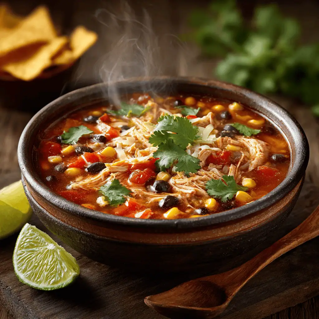 Classic chicken taco soup with black beans in ceramic bowl with steam rising, garnished with cheese and cilantro