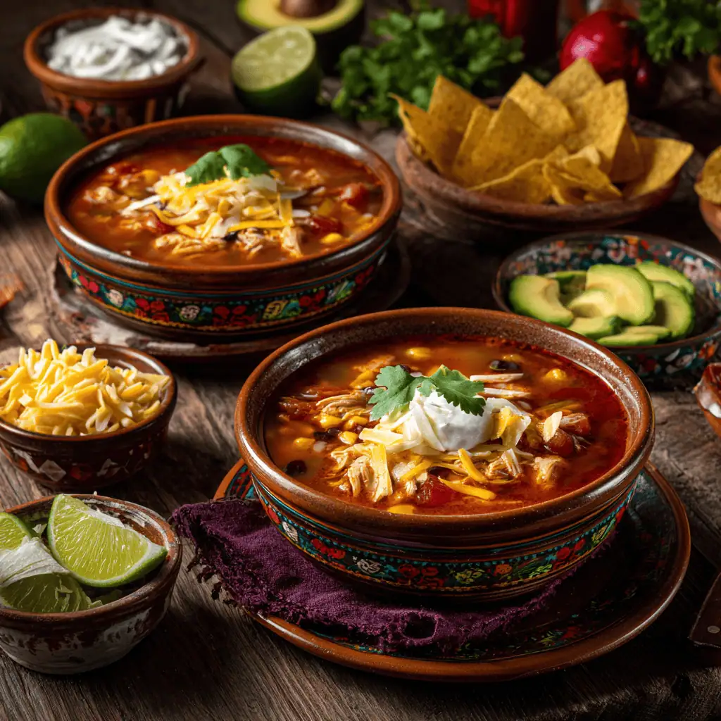Two bowls of classic chicken taco soup with black beans served with Mexican toppings including cheese, avocado, and tortilla chips