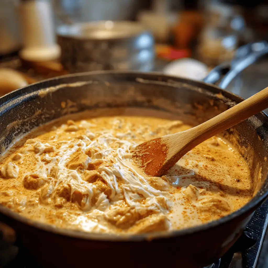 Cream cheese being stirred into simmering chicken chili showing cooking process and creamy texture development