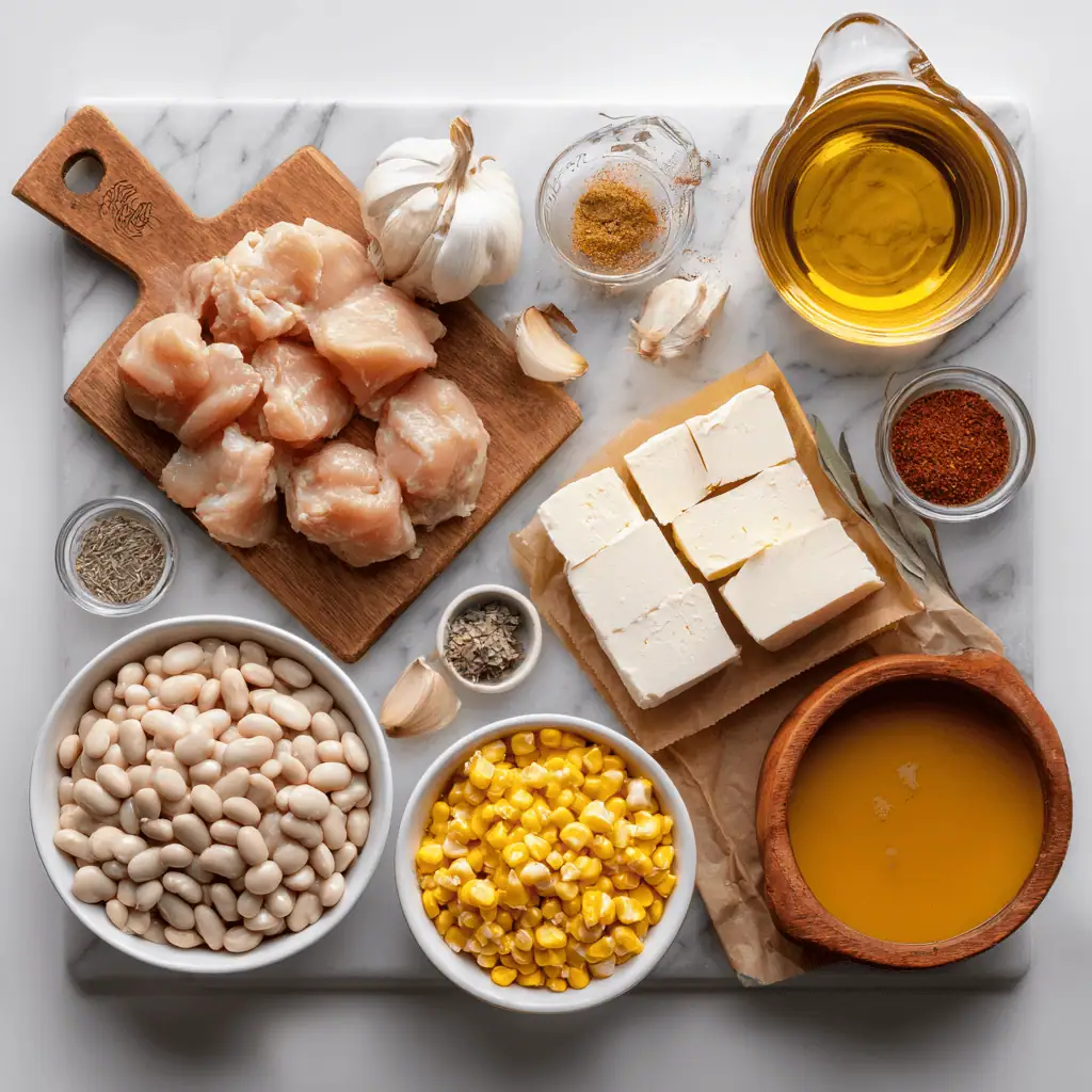 Ingredients for classic cream cheese chicken chili arranged on marble surface including chicken, cream cheese, and white beans