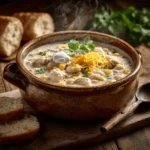Classic cream cheese chicken chili in ceramic bowl with steam rising, garnished with cheese and cilantro