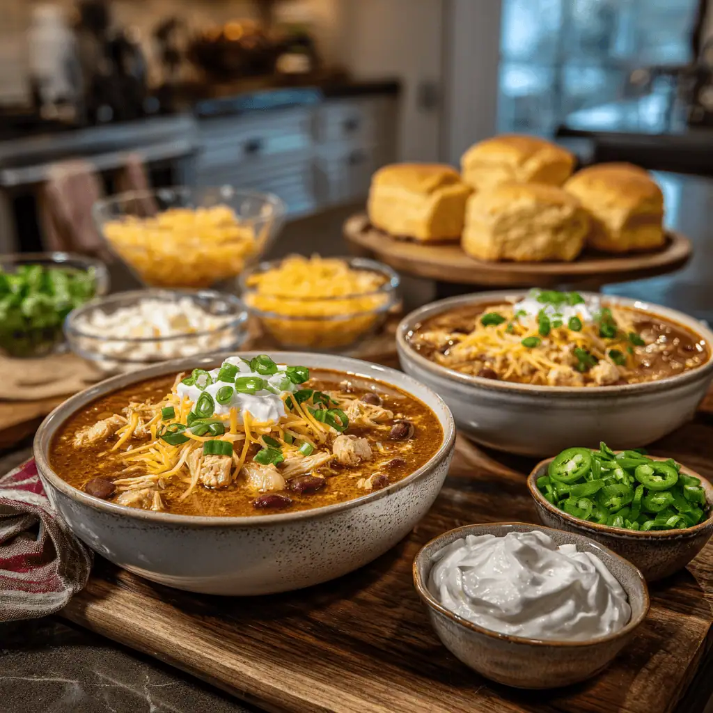 Two bowls of classic cream cheese chicken chili served with toppings including cheese, sour cream, and green onions