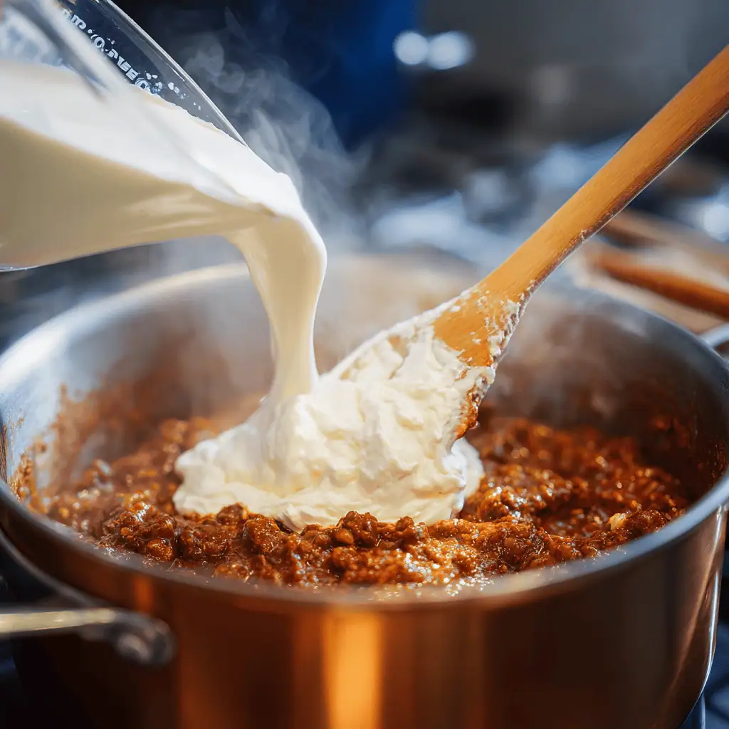 Cream cheese mixture being whisked for classic creamy white chicken chili showing rich finishing technique